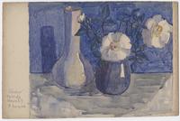 Still life with two vases and two white flowers]