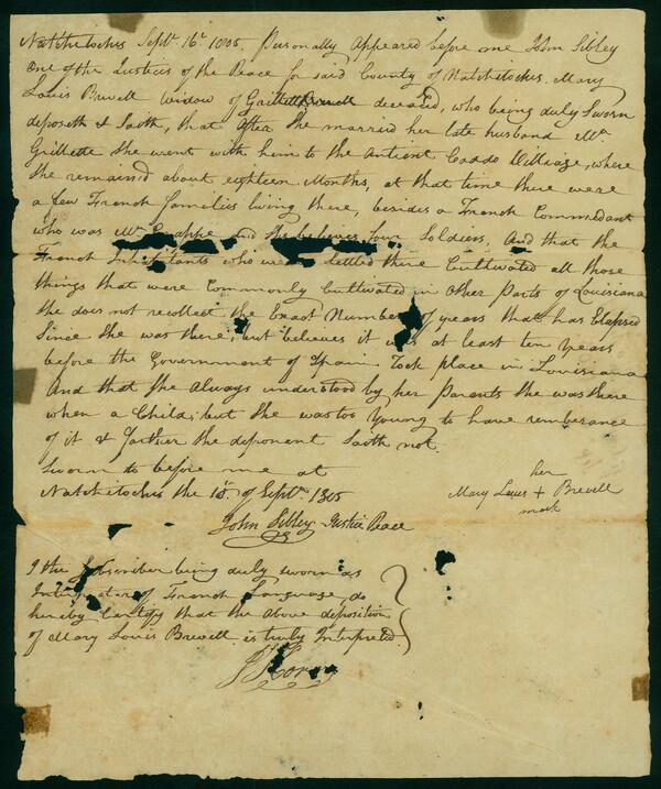 Deposition taken by John Sibley at Natchitoches of Mary Louis Brevell, 1805 September 16