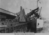 Bananas being unloaded from a boat at a dock in New Orleans