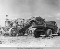 Loading dump truck during construction of Harding Field at Plank Road and Airline Highway in Baton Rouge, Louisiana in the 1940s.