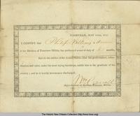 Honorable discharge papers of drummer Philip Williams from Major General [William] Carroll's 2nd Division of the Tennessee Militia