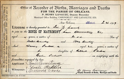 Image of Louis Armstrong's marriage license to his first wife. The certificate is titled "Office of Recorder of Births, Marriages, and Deaths for the Parish of Orleans." 