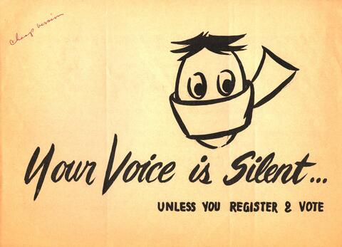 Image of a poster with a drawing of a face with fabric covering the mouth and the text "Your Voice is Silent Unless Unless Your Register and Vote."