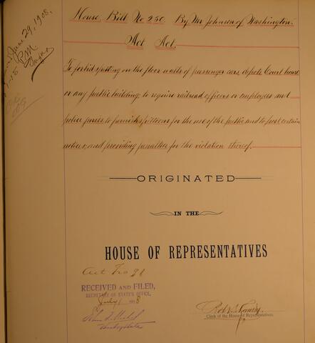 Image of an Original Act of the Louisianan Legislature. Act is titled "House Bill Number 250" and it forbids spitting in public spaces.